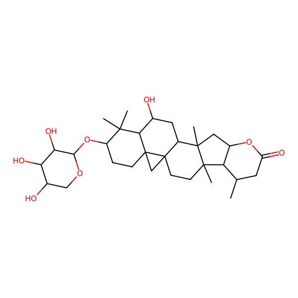 2D Structure of (1S,4R,5R,6R,10S,12S,13S,15S,16S,18S,21R)-15-hydroxy-4,6,12,17,17-pentamethyl-18-[(2S,3R,4S,5R)-3,4,5-trihydroxyoxan-2-yl]oxy-9-oxahexacyclo[11.9.0.01,21.04,12.05,10.016,21]docosan-8-one