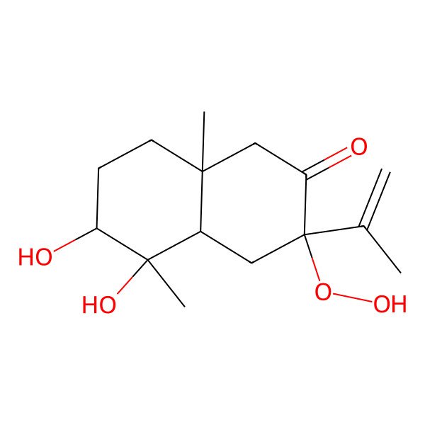 2D Structure of (3S,4aR,5S,6S,8aR)-3-hydroperoxy-5,6-dihydroxy-5,8a-dimethyl-3-prop-1-en-2-yl-1,4,4a,6,7,8-hexahydronaphthalen-2-one