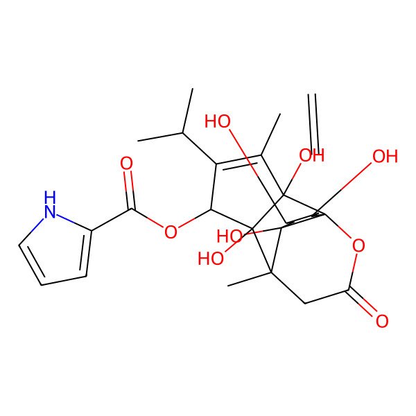 2D Structure of [(1R,2R,5R,6S,7S,8S,10S,12R)-2,6,8,10,12-pentahydroxy-3,7-dimethyl-11-methylidene-14-oxo-4-propan-2-yl-13-oxatetracyclo[5.5.3.01,8.02,6]pentadec-3-en-5-yl] 1H-pyrrole-2-carboxylate