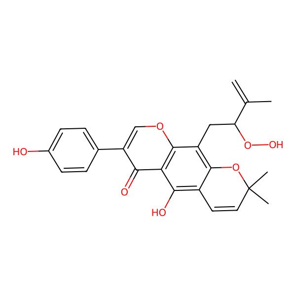 2D Structure of 10-[(2S)-2-hydroperoxy-3-methylbut-3-enyl]-5-hydroxy-7-(4-hydroxyphenyl)-2,2-dimethylpyrano[3,2-g]chromen-6-one