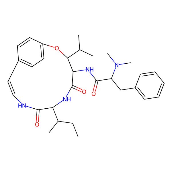 2D Structure of (2R)-N-[(3R,4R,7R,10E)-7-[(2R)-butan-2-yl]-5,8-dioxo-3-propan-2-yl-2-oxa-6,9-diazabicyclo[10.2.2]hexadeca-1(14),10,12,15-tetraen-4-yl]-2-(dimethylamino)-3-phenylpropanamide