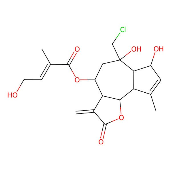 2D Structure of [6-(chloromethyl)-6,7-dihydroxy-9-methyl-3-methylidene-2-oxo-4,5,6a,7,9a,9b-hexahydro-3aH-azuleno[4,5-b]furan-4-yl] 4-hydroxy-2-methylbut-2-enoate