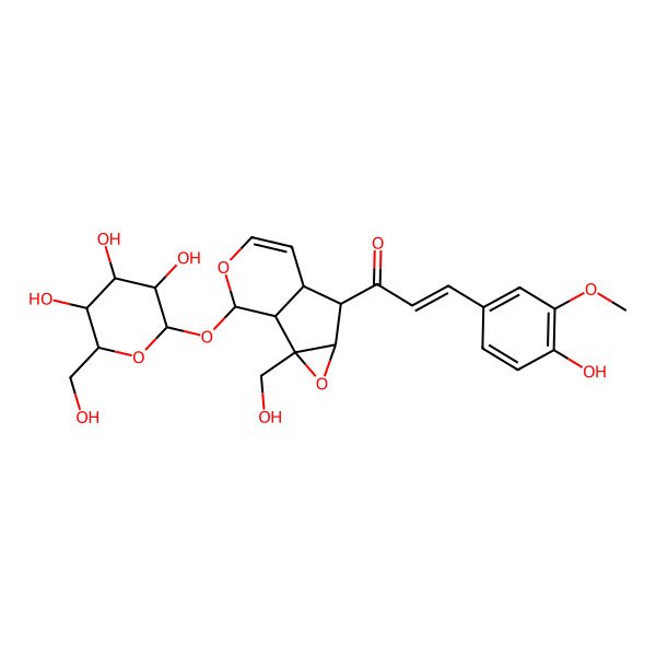 2D Structure of (E)-3-(4-hydroxy-3-methoxyphenyl)-1-[(1R,2S,4S,5R,6S,10R)-2-(hydroxymethyl)-10-[(2S,3S,4R,5S,6R)-3,4,5-trihydroxy-6-(hydroxymethyl)oxan-2-yl]oxy-3,9-dioxatricyclo[4.4.0.02,4]dec-7-en-5-yl]prop-2-en-1-one
