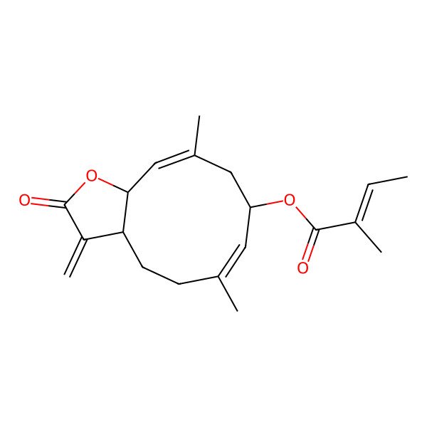 2D Structure of [(3aS,6E,8S,10E,11aR)-6,10-dimethyl-3-methylidene-2-oxo-3a,4,5,8,9,11a-hexahydrocyclodeca[b]furan-8-yl] (Z)-2-methylbut-2-enoate