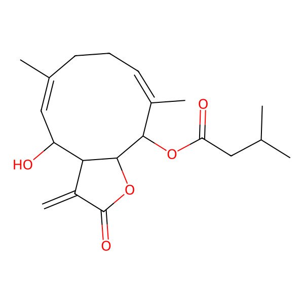 2D Structure of (4-Hydroxy-6,10-dimethyl-3-methylidene-2-oxo-3a,4,7,8,11,11a-hexahydrocyclodeca[b]furan-11-yl) 3-methylbutanoate