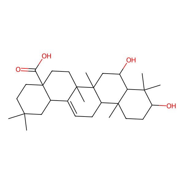 2D Structure of (4aS,6aS,6bR,8S,10S,12aR)-8,10-dihydroxy-2,2,6a,6b,9,9,12a-heptamethyl-1,3,4,5,6,6a,7,8,8a,10,11,12,13,14b-tetradecahydropicene-4a-carboxylic acid