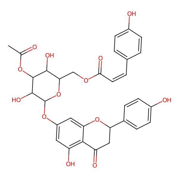 2D Structure of [(2R,3R,4S,5R,6S)-4-acetyloxy-3,5-dihydroxy-6-[[(2S)-5-hydroxy-2-(4-hydroxyphenyl)-4-oxo-2,3-dihydrochromen-7-yl]oxy]oxan-2-yl]methyl (E)-3-(4-hydroxyphenyl)prop-2-enoate
