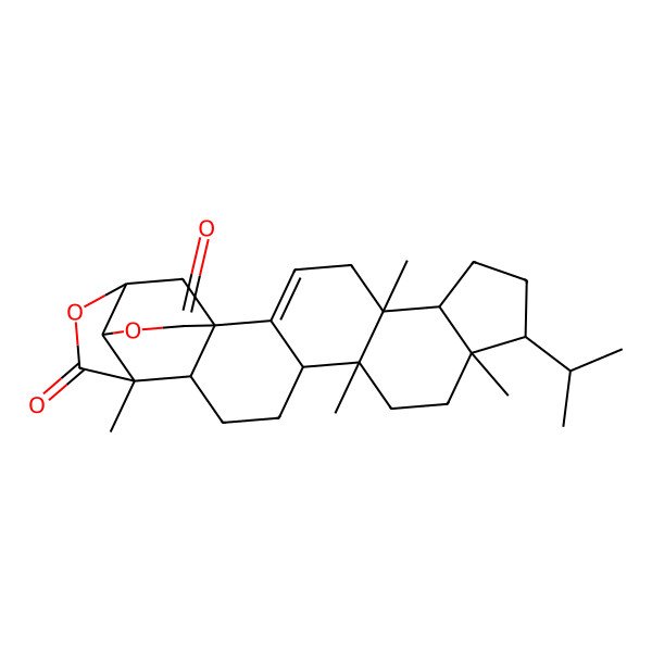 2D Structure of 5,10,13,18-Tetramethyl-9-propan-2-yl-20,23-dioxaheptacyclo[19.3.1.01,17.02,14.05,13.06,10.018,22]pentacos-2-ene-19,24-dione