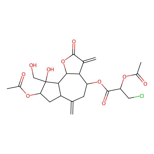 2D Structure of [8-Acetyloxy-9-hydroxy-9-(hydroxymethyl)-3,6-dimethylidene-2-oxo-3a,4,5,6a,7,8,9a,9b-octahydroazuleno[4,5-b]furan-4-yl] 2-acetyloxy-3-chloropropanoate