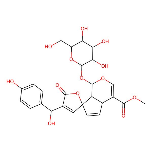 2D Structure of methyl (1R,4aR,7R,7aS)-4'-[(S)-hydroxy-(4-hydroxyphenyl)methyl]-5'-oxo-1-[(2S,3R,4S,5S,6R)-3,4,5-trihydroxy-6-(hydroxymethyl)oxan-2-yl]oxyspiro[4a,7a-dihydro-1H-cyclopenta[c]pyran-7,2'-furan]-4-carboxylate