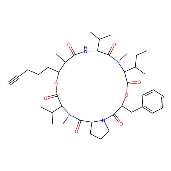 2D Structure of (3S,6S,9S,12R,13S,16S,19S)-3-benzyl-6-[(2S)-butan-2-yl]-7,12,17-trimethyl-13-pent-4-ynyl-9,16-di(propan-2-yl)-4,14-dioxa-1,7,10,17-tetrazabicyclo[17.3.0]docosane-2,5,8,11,15,18-hexone
