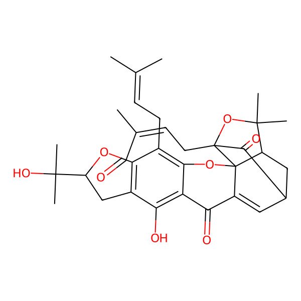 2D Structure of (E)-4-[(1R,2R,8S,16R,18S)-11-hydroxy-8-(2-hydroxypropan-2-yl)-20,20-dimethyl-5-(3-methylbut-2-enyl)-13,17-dioxo-3,7,19-trioxahexacyclo[14.4.1.02,14.02,18.04,12.06,10]henicosa-4(12),5,10,14-tetraen-18-yl]-2-methylbut-2-enal