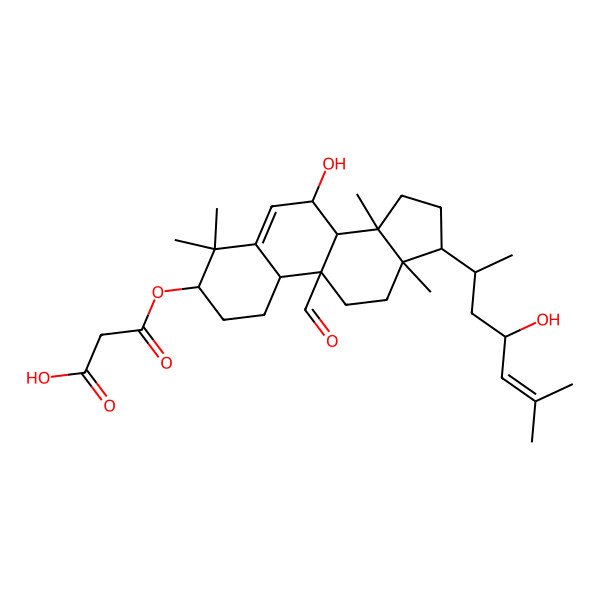 2D Structure of 3-[[9-formyl-7-hydroxy-17-(4-hydroxy-6-methylhept-5-en-2-yl)-4,4,13,14-tetramethyl-2,3,7,8,10,11,12,15,16,17-decahydro-1H-cyclopenta[a]phenanthren-3-yl]oxy]-3-oxopropanoic acid