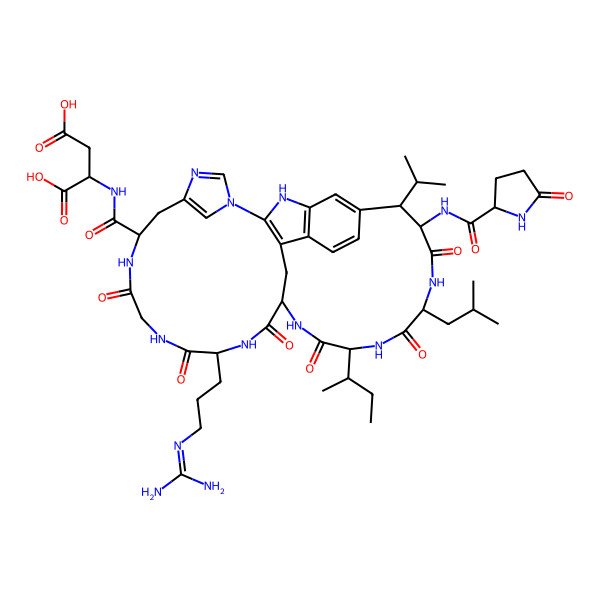 2D Structure of 2-[[15-Butan-2-yl-21-[3-(diaminomethylideneamino)propyl]-12-(2-methylpropyl)-10,13,16,19,22,25-hexaoxo-9-[(5-oxopyrrolidine-2-carbonyl)amino]-8-propan-2-yl-2,11,14,17,20,23,26,30,32-nonazapentacyclo[16.14.2.13,7.129,32.04,33]hexatriaconta-1(33),3,5,7(36),29(35),30-hexaene-27-carbonyl]amino]butanedioic acid