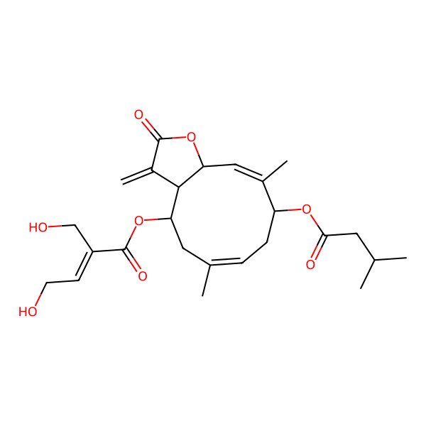 2D Structure of [(3aS,4R,6E,9S,10Z,11aS)-6,10-dimethyl-9-(3-methylbutanoyloxy)-3-methylidene-2-oxo-3a,4,5,8,9,11a-hexahydrocyclodeca[b]furan-4-yl] (E)-4-hydroxy-2-(hydroxymethyl)but-2-enoate
