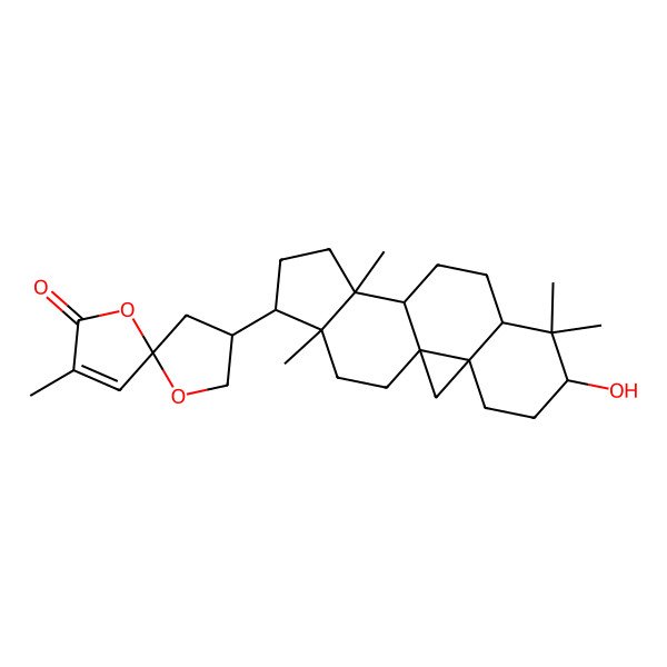 2D Structure of (5R,8S)-8-[(1S,3R,6S,8R,11S,12S,15R,16R)-6-hydroxy-7,7,12,16-tetramethyl-15-pentacyclo[9.7.0.01,3.03,8.012,16]octadecanyl]-3-methyl-1,6-dioxaspiro[4.4]non-3-en-2-one