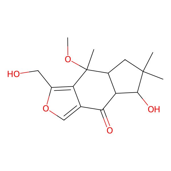 2D Structure of 7-Hydroxy-3-(hydroxymethyl)-4-methoxy-4,6,6-trimethyl-4a,5,7,7a-tetrahydrocyclopenta[f][2]benzofuran-8-one