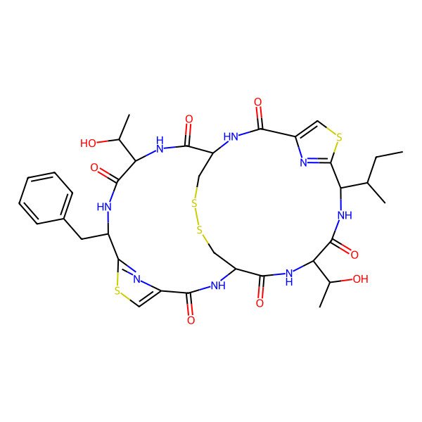 2D Structure of (1R,8R,11S,14R,21R,24S)-8-benzyl-21-[(2R)-butan-2-yl]-11,24-bis[(1R)-1-hydroxyethyl]-6,19,28,29-tetrathia-2,9,12,15,22,25,31,32-octazatetracyclo[12.12.4.14,7.117,20]dotriaconta-4,7(32),17,20(31)-tetraene-3,10,13,16,23,26-hexone