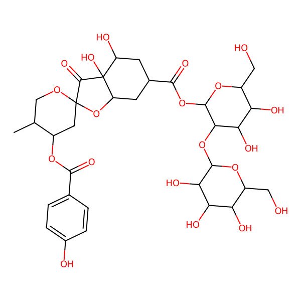 2D Structure of [(2S,3R,4S,5S,6R)-4,5-dihydroxy-6-(hydroxymethyl)-3-[(2S,3R,4S,5S,6R)-3,4,5-trihydroxy-6-(hydroxymethyl)oxan-2-yl]oxyoxan-2-yl] (2S,3aR,4S,4'S,5'R,6S,7aR)-3a,4-dihydroxy-4'-(4-hydroxybenzoyl)oxy-5'-methyl-3-oxospiro[5,6,7,7a-tetrahydro-4H-1-benzofuran-2,2'-oxane]-6-carboxylate