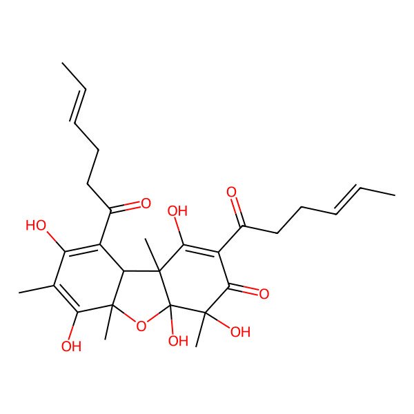 2D Structure of 2,9-di(hex-4-enoyl)-1,4,4a,6,8-pentahydroxy-4,5a,7,9b-tetramethyl-9aH-dibenzofuran-3-one
