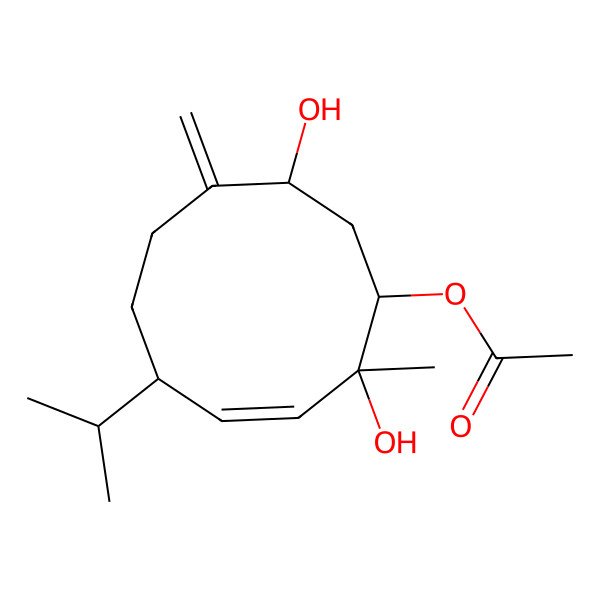 2D Structure of (2,9-Dihydroxy-2-methyl-8-methylidene-5-propan-2-ylcyclodec-3-en-1-yl) acetate 2D Structure of (2,9-Dihydroxy-2-methyl-8-methylidene-5-propan-2-ylcyclodec-3-en-1-yl) acetate
