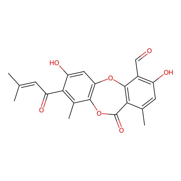 2D Structure of 2,9-dihydroxy-4,7-dimethyl-3-(3-methylbut-2-enoyl)-6-oxobenzo[b][1,4]benzodioxepine-10-carbaldehyde