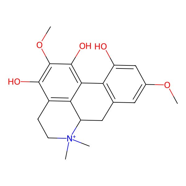 2D Structure of 2,9-dimethoxy-6,6-dimethyl-5,6,6a,7-tetrahydro-4H-dibenzo[de,g]quinolin-6-ium-1,3,11-triol