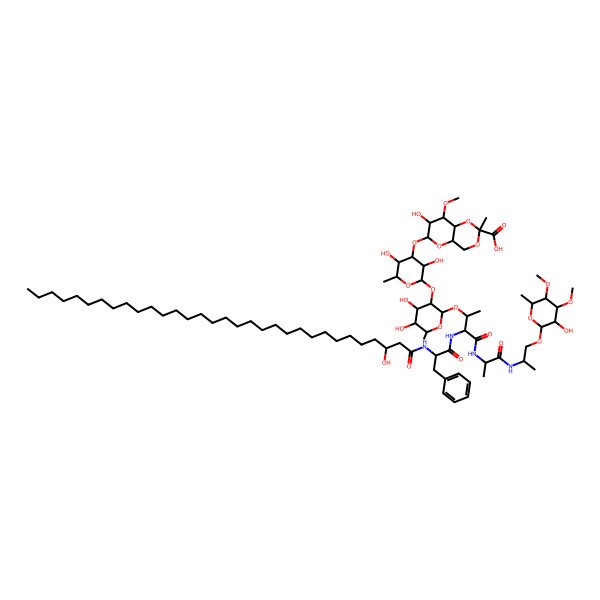 2D Structure of (2S,4aR,6S,7R,8R,8aR)-6-[(2S,3R,4R,5S,6S)-2-[(3R,4R,5S,6S)-4,5-dihydroxy-2-[(2R,3R)-4-[[(2R)-1-[[(2S)-1-[(3R,4S,5S,6S)-3-hydroxy-4,5-dimethoxy-6-methyloxan-2-yl]oxypropan-2-yl]amino]-1-oxopropan-2-yl]amino]-3-[[(2R)-2-(3-hydroxydotriacontanoylamino)-3-phenylpropanoyl]amino]-4-oxobutan-2-yl]oxy-6-methyloxan-3-yl]oxy-3,5-dihydroxy-6-methyloxan-4-yl]oxy-7-hydroxy-8-methoxy-2-methyl-4,4a,6,7,8,8a-hexahydropyrano[3,2-d][1,3]dioxine-2-carboxylic acid