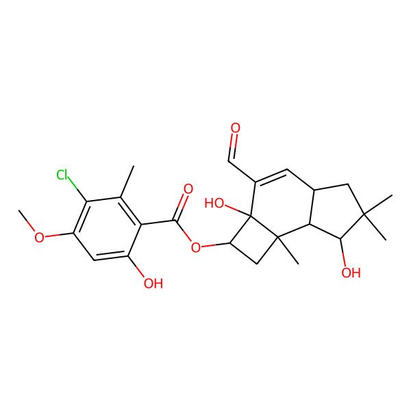 2D Structure of (3-Formyl-2a,7-dihydroxy-6,6,7b-trimethyl-1,2,4a,5,7,7a-hexahydrocyclobuta[e]inden-2-yl) 3-chloro-6-hydroxy-4-methoxy-2-methylbenzoate