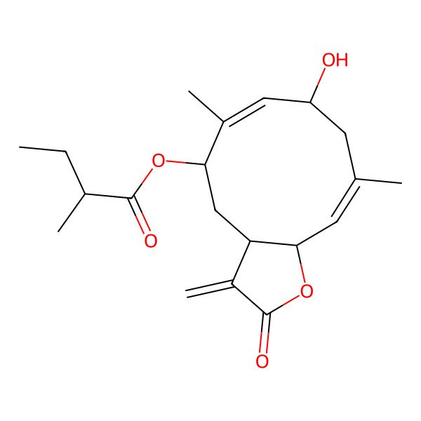 2D Structure of [(3aS,5S,6E,8R,10E,11aR)-8-hydroxy-6,10-dimethyl-3-methylidene-2-oxo-3a,4,5,8,9,11a-hexahydrocyclodeca[b]furan-5-yl] (2R)-2-methylbutanoate