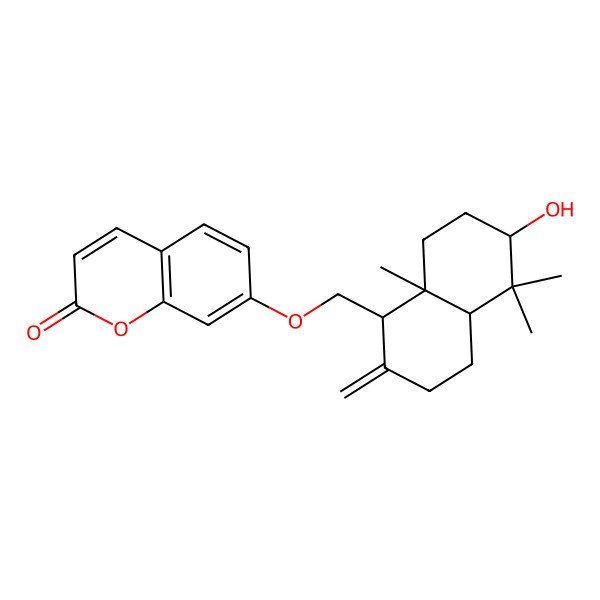 2D Structure of 7-[[(1R,4aS,6R,8aR)-6-hydroxy-5,5,8a-trimethyl-2-methylene-3,4,4a,6,7,8-hexahydro-1H-naphthalen-1-yl]methoxy]-1-benzopyran-2-one