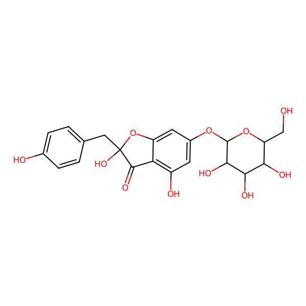 2D Structure of (2S)-2,4-dihydroxy-2-[(4-hydroxyphenyl)methyl]-6-[(2S,3R,4S,5S,6R)-3,4,5-trihydroxy-6-(hydroxymethyl)oxan-2-yl]oxy-1-benzofuran-3-one
