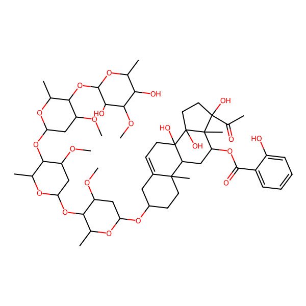 2D Structure of [(3S,8S,9R,10R,12R,13S,14R,17S)-17-acetyl-3-[(2R,4S,5R,6R)-5-[(2S,4S,5R,6R)-5-[(2S,4S,5R,6R)-5-[(2S,3R,4S,5R,6R)-3,5-dihydroxy-4-methoxy-6-methyloxan-2-yl]oxy-4-methoxy-6-methyloxan-2-yl]oxy-4-methoxy-6-methyloxan-2-yl]oxy-4-methoxy-6-methyloxan-2-yl]oxy-8,14,17-trihydroxy-10,13-dimethyl-1,2,3,4,7,9,11,12,15,16-decahydrocyclopenta[a]phenanthren-12-yl] 2-hydroxybenzoate
