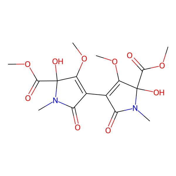2D Structure of methyl (2S)-2-hydroxy-4-[(5S)-5-hydroxy-4-methoxy-5-methoxycarbonyl-1-methyl-2-oxopyrrol-3-yl]-3-methoxy-1-methyl-5-oxopyrrole-2-carboxylate