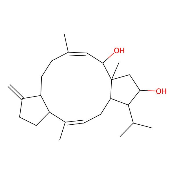 2D Structure of (1R,2R,3aS,4R,5E,8aR,11aR,12E,14aS)-1,2,3,3a,4,7,8,8a,9,10,11,11a,14,14a-Tetradecahydro-3a,6,12-trimethyl-9-methylene-1-(1-methyleth yl)-dicyclopenta[A,F]cyclododecene-2,4-diol