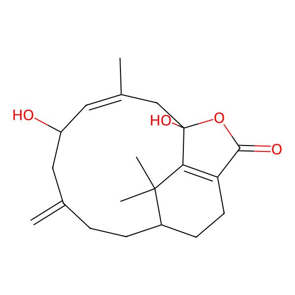 2D Structure of (1R,3E,5R,10R)-1,5-dihydroxy-3,17,17-trimethyl-7-methylidene-15-oxatricyclo[8.5.2.013,16]heptadeca-3,13(16)-dien-14-one