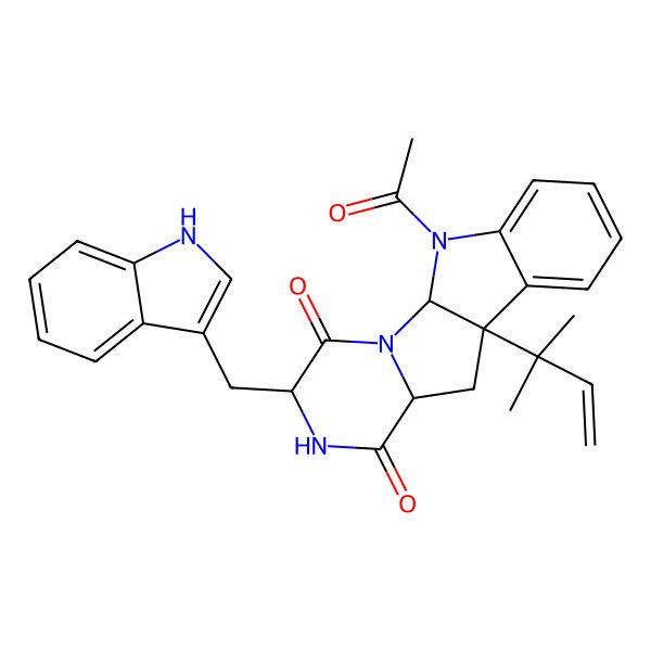 2D Structure of (1S,4S,7S,9S)-16-acetyl-4-(1H-indol-3-ylmethyl)-9-(2-methylbut-3-en-2-yl)-2,5,16-triazatetracyclo[7.7.0.02,7.010,15]hexadeca-10,12,14-triene-3,6-dione
