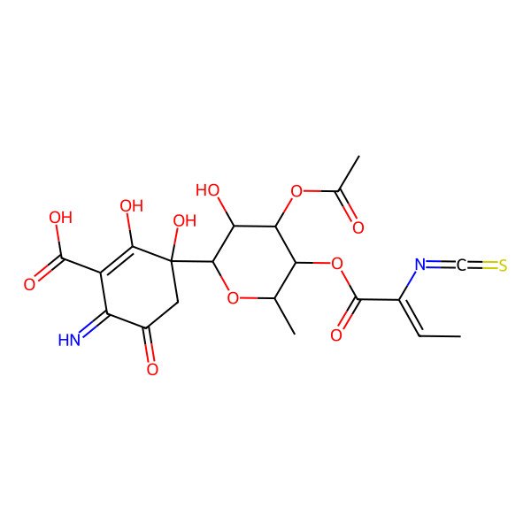 2D Structure of 3-[4-Acetyloxy-3-hydroxy-5-(2-isothiocyanatobut-2-enoyloxy)-6-methyloxan-2-yl]-2,3-dihydroxy-6-imino-5-oxocyclohexene-1-carboxylic acid