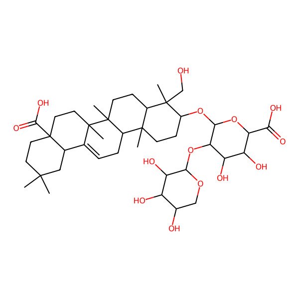 2D Structure of (2S,3S,4S,5R,6R)-6-[[(3S,4R,4aR,6aR,6bS,8aS,12aS,14aR,14bR)-8a-carboxy-4-(hydroxymethyl)-4,6a,6b,11,11,14b-hexamethyl-1,2,3,4a,5,6,7,8,9,10,12,12a,14,14a-tetradecahydropicen-3-yl]oxy]-3,4-dihydroxy-5-[(2S,3R,4S,5R)-3,4,5-trihydroxyoxan-2-yl]oxyoxane-2-carboxylic acid