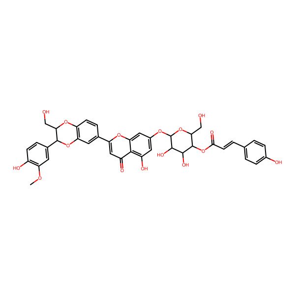 2D Structure of [4,5-Dihydroxy-6-[5-hydroxy-2-[3-(4-hydroxy-3-methoxyphenyl)-2-(hydroxymethyl)-2,3-dihydro-1,4-benzodioxin-6-yl]-4-oxochromen-7-yl]oxy-2-(hydroxymethyl)oxan-3-yl] 3-(4-hydroxyphenyl)prop-2-enoate