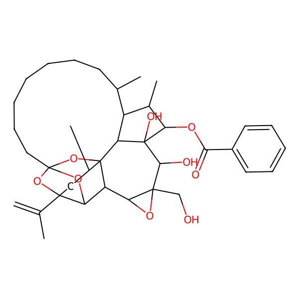2D Structure of [(1R,2R,4R,5R,6S,7S,9R,10S,11S,12S,13S,14S,15S,23S,25R)-10,11-dihydroxy-9-(hydroxymethyl)-2,13,15-trimethyl-4-prop-1-en-2-yl-8,24,26,27-tetraoxaheptacyclo[12.10.1.14,23.15,23.01,6.07,9.011,25]heptacosan-12-yl] benzoate
