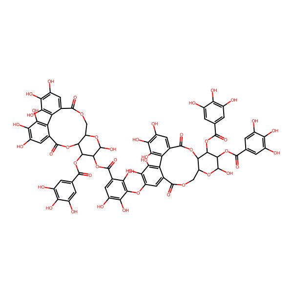 2D Structure of [3,4,5,13,21,22,23-Heptahydroxy-8,18-dioxo-11-(3,4,5-trihydroxybenzoyl)oxy-9,14,17-trioxatetracyclo[17.4.0.02,7.010,15]tricosa-1(23),2,4,6,19,21-hexaen-12-yl] 3-[[3,4,5,13,22,23-hexahydroxy-8,18-dioxo-11,12-bis[(3,4,5-trihydroxybenzoyl)oxy]-9,14,17-trioxatetracyclo[17.4.0.02,7.010,15]tricosa-1(23),2,4,6,19,21-hexaen-21-yl]oxy]-2,4,5-trihydroxybenzoate