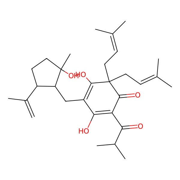2D Structure of 3,5-dihydroxy-4-[[(1S,2R,5R)-2-hydroxy-2-methyl-5-prop-1-en-2-ylcyclopentyl]methyl]-6,6-bis(3-methylbut-2-enyl)-2-(2-methylpropanoyl)cyclohexa-2,4-dien-1-one