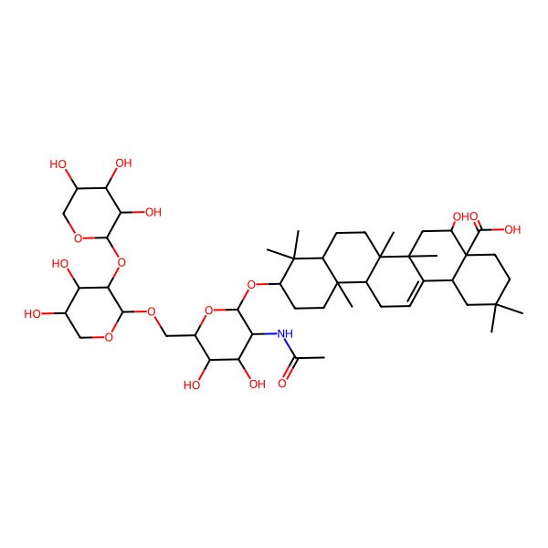 2D Structure of (4aR,5R,6aR,6aS,6bR,8aR,10S,12aR,14bS)-10-[(2R,3R,4R,5S,6R)-3-acetamido-6-[[(2R,3R,4S,5S)-4,5-dihydroxy-3-[(2S,3R,4S,5R)-3,4,5-trihydroxyoxan-2-yl]oxyoxan-2-yl]oxymethyl]-4,5-dihydroxyoxan-2-yl]oxy-5-hydroxy-2,2,6a,6b,9,9,12a-heptamethyl-1,3,4,5,6,6a,7,8,8a,10,11,12,13,14b-tetradecahydropicene-4a-carboxylic acid