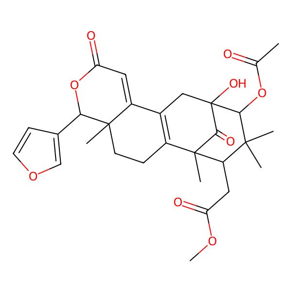 2D Structure of methyl 2-[(1S,5R,6R,13R,14S,16S)-14-acetyloxy-6-(furan-3-yl)-13-hydroxy-1,5,15,15-tetramethyl-8,17-dioxo-7-oxatetracyclo[11.3.1.02,11.05,10]heptadeca-2(11),9-dien-16-yl]acetate