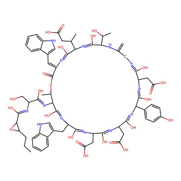 2D Structure of (3R)-3-[(3Z,6S,15S,18R,21S,24S,27R,30S,31R)-15,21,24-tris(carboxymethyl)-30-[[1,3-dihydroxy-2-[[hydroxy-(3-propyloxiran-2-yl)methylidene]amino]propylidene]amino]-5,8,14,17,20,23,26,29-octahydroxy-9-[(1R)-1-hydroxyethyl]-18-(4-hydroxyphenyl)-27-(1H-indol-3-ylmethyl)-3-(1H-indol-3-ylmethylidene)-31-methyl-11-methylidene-2-oxo-1-oxa-4,7,10,13,16,19,22,25,28-nonazacyclohentriaconta-4,7,13,16,19,22,25,28-octaen-6-yl]butanoic acid