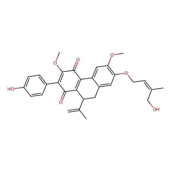 2D Structure of 7-(4-Hydroxy-3-methylbut-2-enoxy)-2-(4-hydroxyphenyl)-3,6-dimethoxy-10-prop-1-en-2-yl-9,10-dihydrophenanthrene-1,4-dione