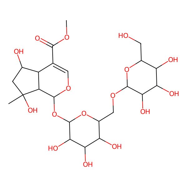 2D Structure of methyl (1S,4aS,5R,7S,7aS)-5,7-dihydroxy-7-methyl-1-[(2S,3R,4S,5S,6R)-3,4,5-trihydroxy-6-[[(2R,3R,4S,5S,6R)-3,4,5-trihydroxy-6-(hydroxymethyl)oxan-2-yl]oxymethyl]oxan-2-yl]oxy-4a,5,6,7a-tetrahydro-1H-cyclopenta[c]pyran-4-carboxylate