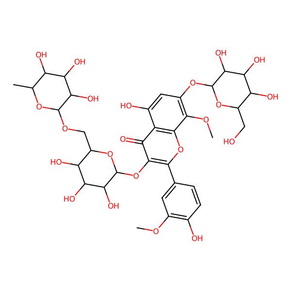 2D Structure of 5-hydroxy-2-(4-hydroxy-3-methoxyphenyl)-8-methoxy-7-[(2S,3R,4S,5S,6R)-3,4,5-trihydroxy-6-(hydroxymethyl)oxan-2-yl]oxy-3-[(2S,3R,4S,5S,6R)-3,4,5-trihydroxy-6-[[(2R,3R,4R,5R,6S)-3,4,5-trihydroxy-6-methyloxan-2-yl]oxymethyl]oxan-2-yl]oxychromen-4-one