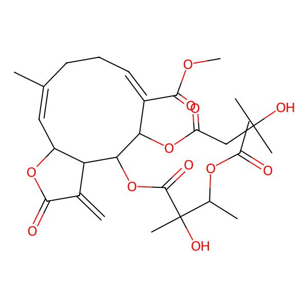 2D Structure of methyl (3aS,4S,5S,6E,10E,11aR)-4-[(2S,3S)-3-acetyloxy-2-hydroxy-2-methylbutanoyl]oxy-5-(3-hydroxy-3-methylbutanoyl)oxy-10-methyl-3-methylidene-2-oxo-3a,4,5,8,9,11a-hexahydrocyclodeca[b]furan-6-carboxylate